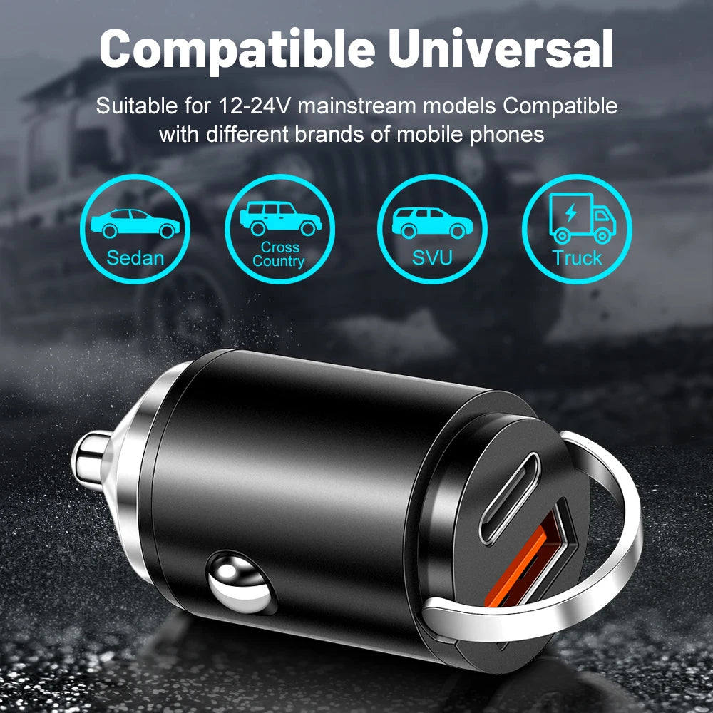 100W Mini Pull Ring Car Charger - Dual USB-C & QC 3.0 Fast Charging