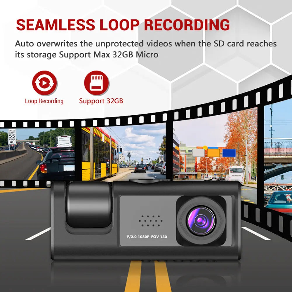 3-Camera Dash Cam System - 1080P HD with IR Night Vision & 2" IPS Screen