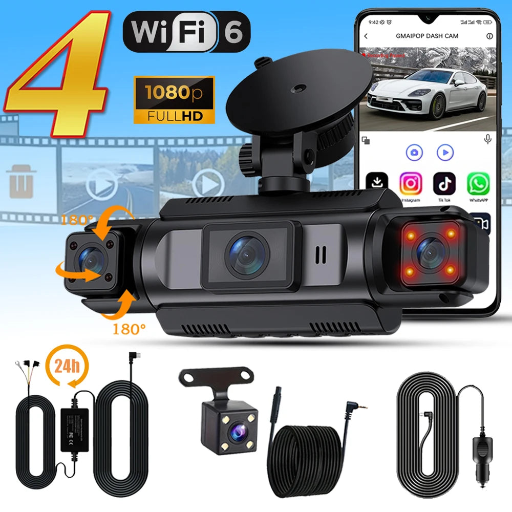 4-Channel Car Dash Cam - 1080P FHD WiFi Black Box with Night Vision & Hardwire Kit