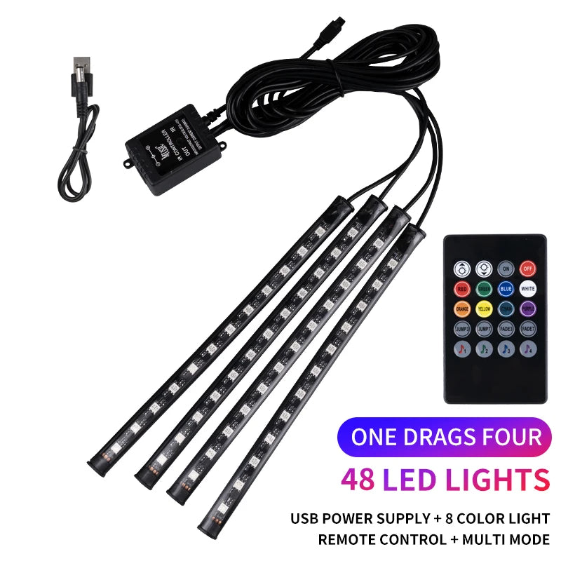 RGB LED Car Interior Strip Lights - Music Control Ambient Lighting Kit with Remote & App