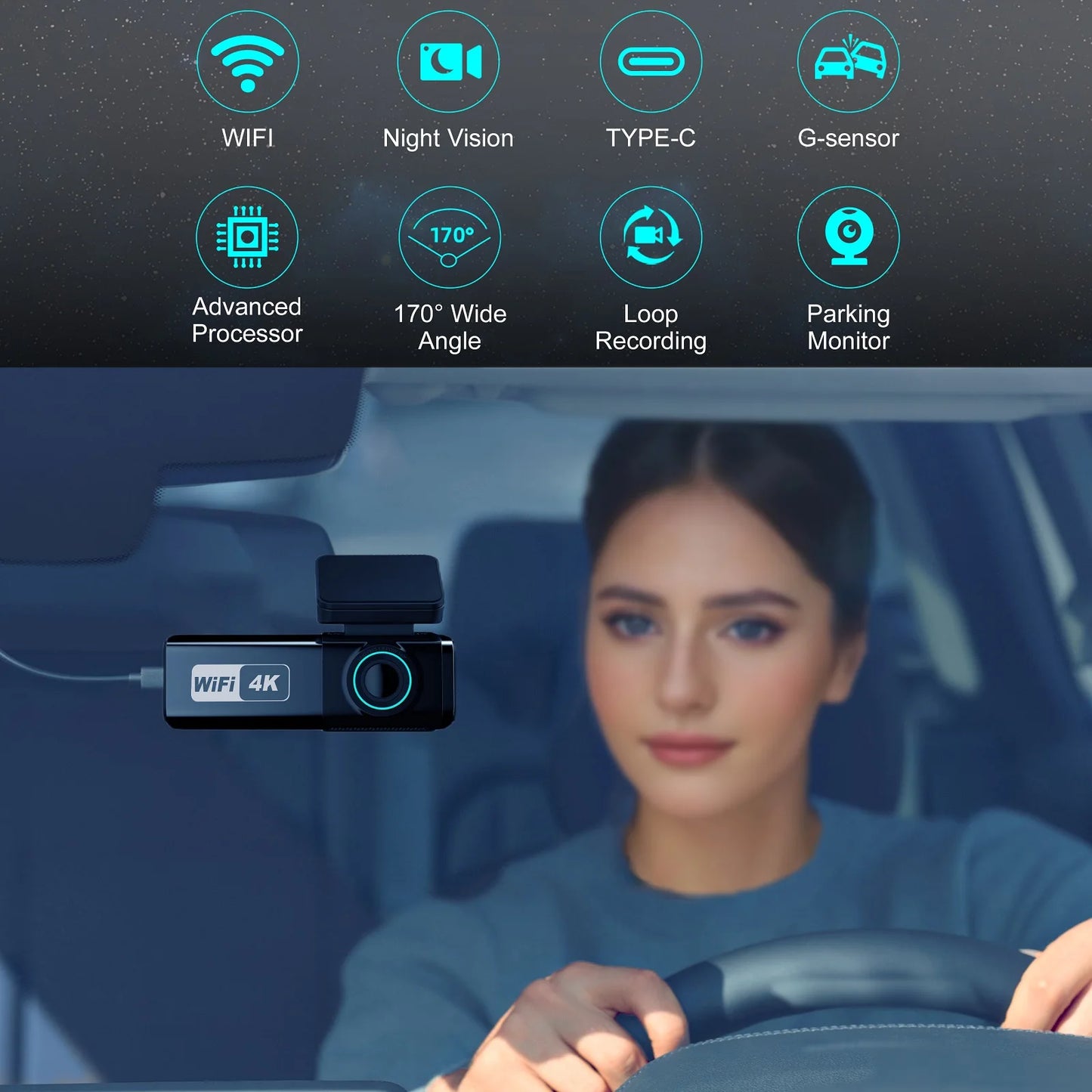 Aprilboy 4K WiFi Dash Cam - Dual Lens Front & Rear with Night Vision & 24H Parking Monitor