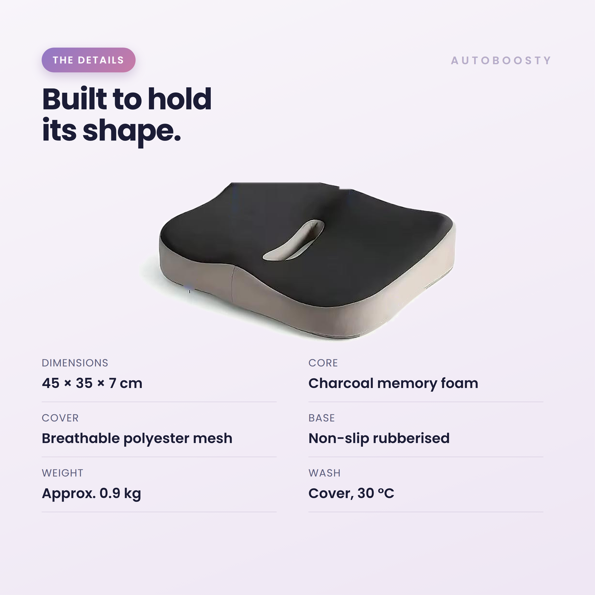 An infographic detailing the features of an AUTOBOOSTY memory foam seat cushion. The cushion is shown in the center, with text below detailing its dimensions (45 x 35 x 7 cm), charcoal memory foam core, breathable polyester mesh cover, non-slip rubberized base, and weight of approximately 0.