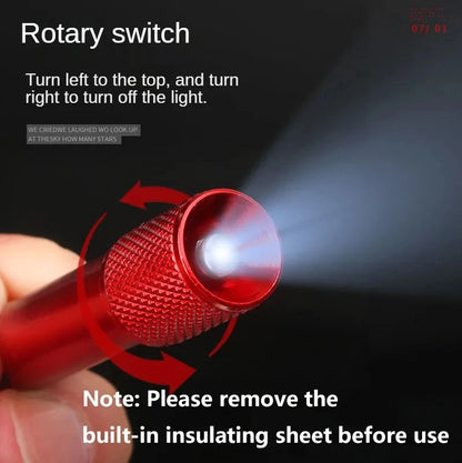 Mini keychain flashlight:Size: 60mm*15mmWeight: 25gBattery: with four batteriesNote: Please remove the built-in insulating sheet before use