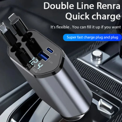 120W Fast Car Charger - 4-Device USB-C & Lightning with Retractable Cables