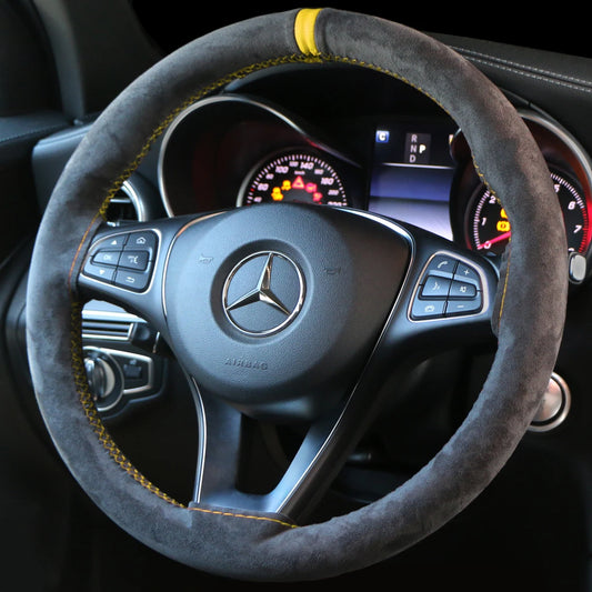 37-38cm Universal Suede Steering Wheel Cover - DIY Hand Sewing Black Leather Braiding