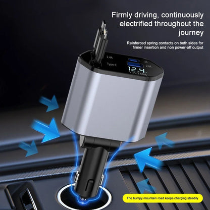 120W Fast Car Charger - 4-Device USB-C & Lightning with Retractable Cables