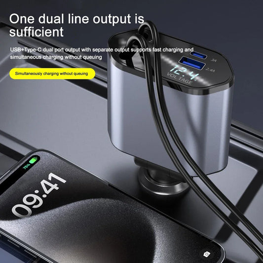 120W Fast Car Charger - 4-Device USB-C & Lightning with Retractable Cables