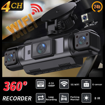 4-Channel Car Dash Cam - 1080P FHD WiFi Black Box with Night Vision & Hardwire Kit