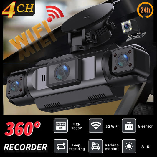 4-Channel Car Dash Cam - 1080P FHD WiFi Black Box with Night Vision & Hardwire Kit