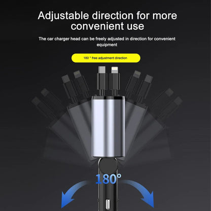 120W Fast Car Charger - 4-Device USB-C & Lightning with Retractable Cables