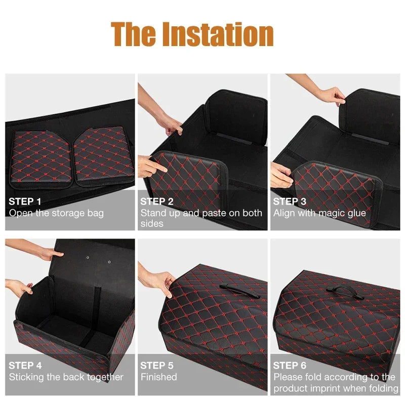 PU Leather Collapsible Car Trunk Organizer - Premium Storage Box with Handles