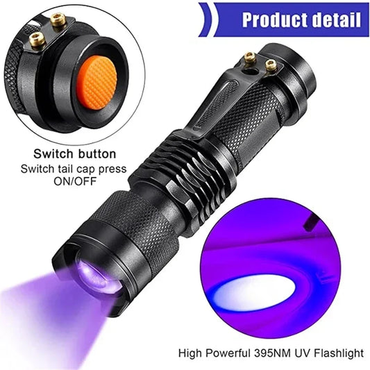 Portable Mini UV LED Flashlight - 365/395nm Ultraviolet Detection Light