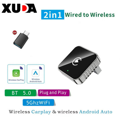 XUDA 2 in1 Wired to Wireless CarPlay Android Auto Adapter for OEM Car Stereo With USB Dongle Smart Mini Box Plug and Play Blueto