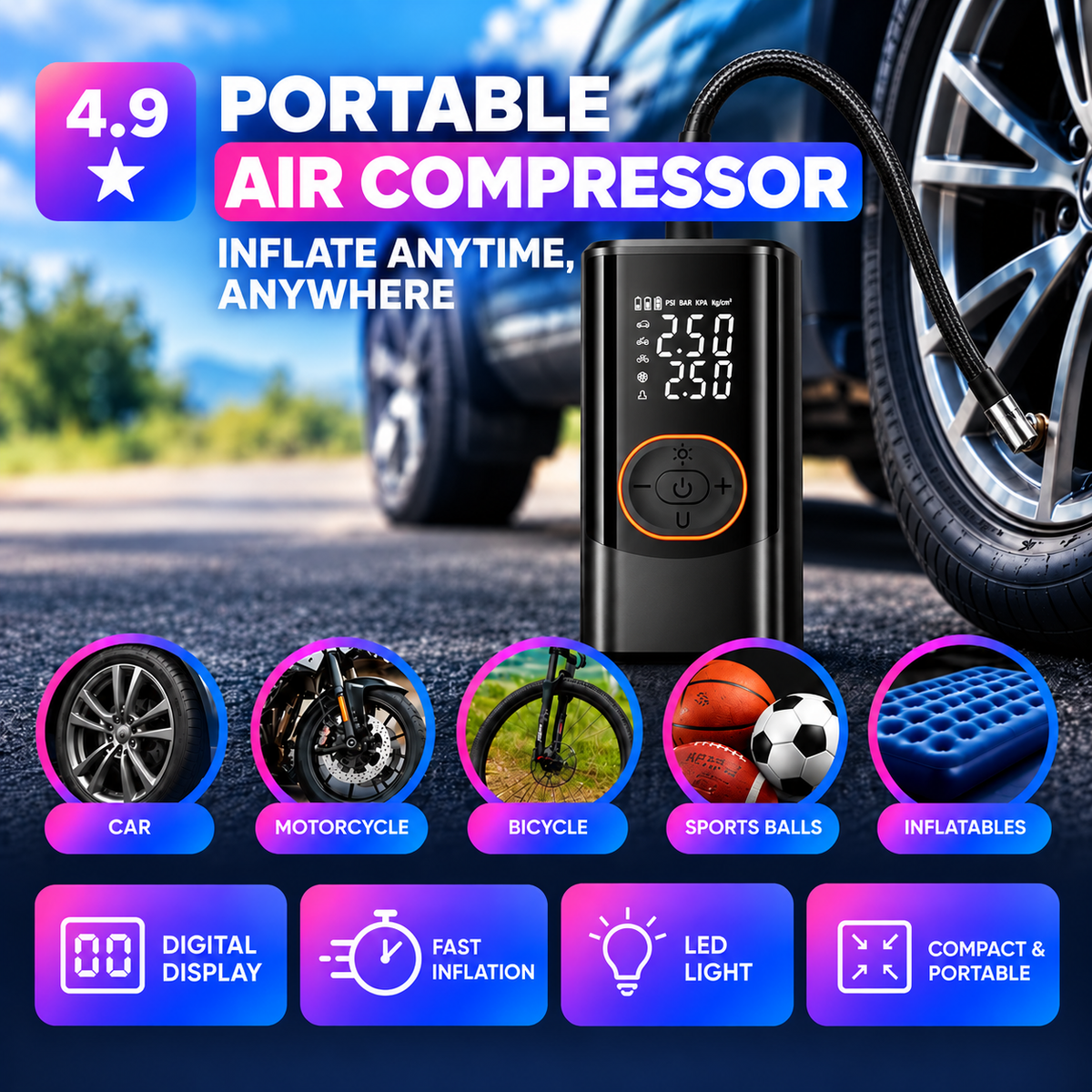 Gonfleur de pneus portable 2.0 - 120 PSI