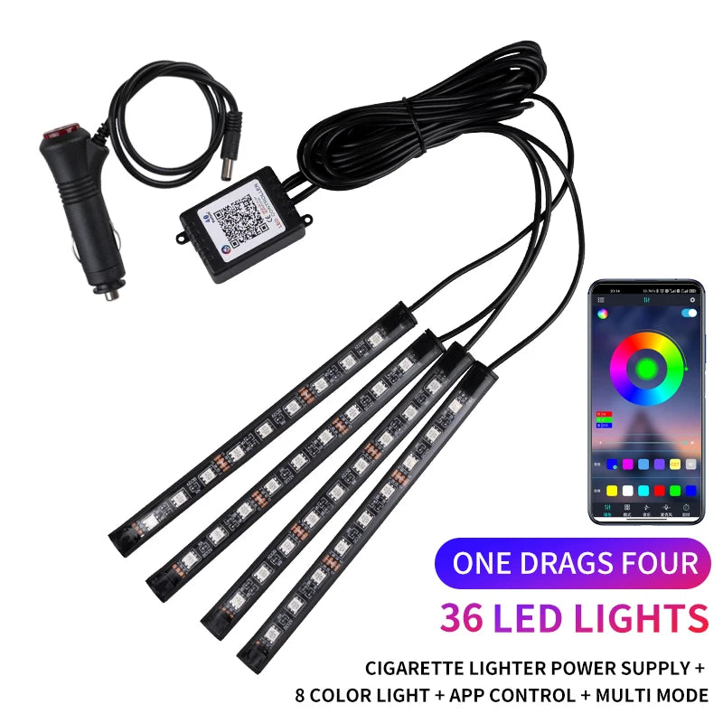 RGB LED Car Interior Strip Lights - Music Control Ambient Lighting Kit with Remote & App