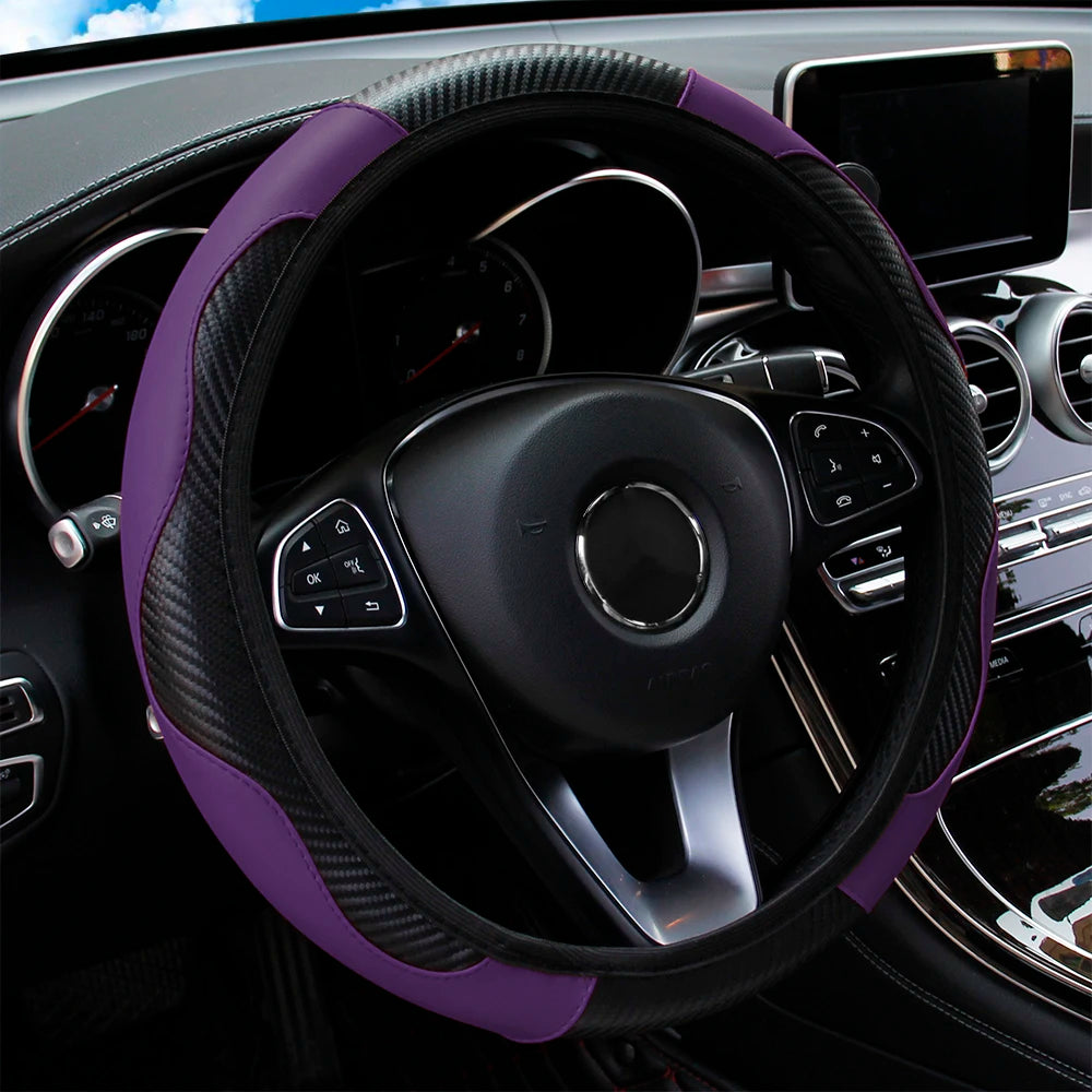 PU Carbon Fiber Steering Wheel Cover - Universal Fit for D-Type & Round Wheels