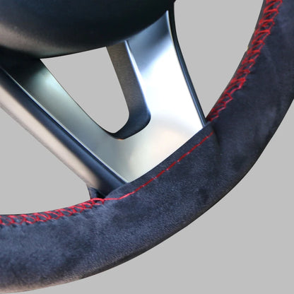 37-38cm Universal Suede Steering Wheel Cover - DIY Hand Sewing Black Leather Braiding