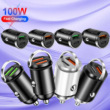 100W Mini Pull Ring Car Charger - Dual USB-C & QC 3.0 Fast Charging