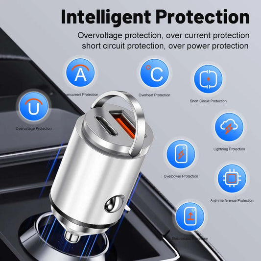 100W Mini Pull Ring Car Charger - Dual USB-C & QC 3.0 Fast Charging