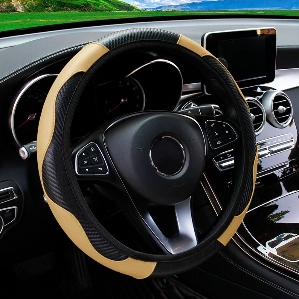 PU Carbon Fiber Steering Wheel Cover - Universal Fit for D-Type & Round Wheels