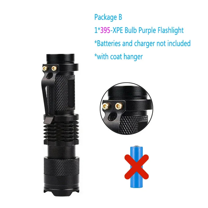 Portable Mini UV LED Flashlight - 365/395nm Ultraviolet Detection Light
