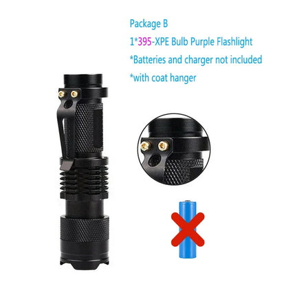 Portable Mini UV LED Flashlight - 365/395nm Ultraviolet Detection Light