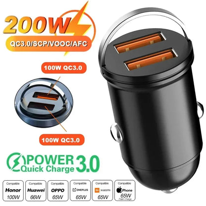 100W Mini Pull Ring Car Charger - Dual USB-C & QC 3.0 Fast Charging