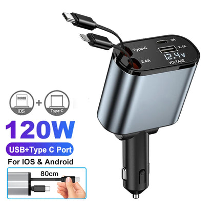120W Fast Car Charger - 4-Device USB-C & Lightning with Retractable Cables