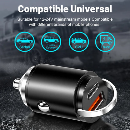 100W Mini Pull Ring Car Charger - Dual USB-C & QC 3.0 Fast Charging
