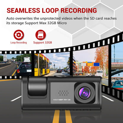 3-Camera Dash Cam System - 1080P HD with IR Night Vision & 2" IPS Screen