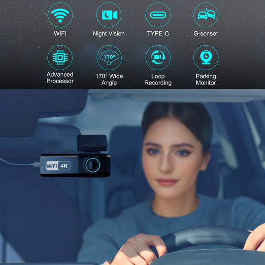 Aprilboy 4K WiFi Dash Cam - Dual Lens Front & Rear with Night Vision & 24H Parking Monitor