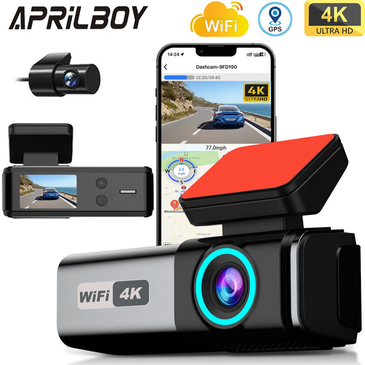 Aprilboy 4K WiFi Dash Cam - Dual Lens Front & Rear with Night Vision & 24H Parking Monitor