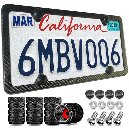 Carbon Fiber License Plate Frame + 4 Valve Stem Caps