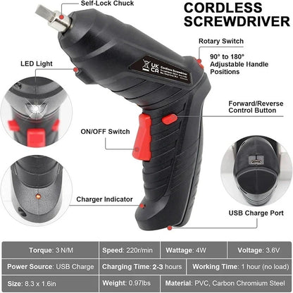 Cordless Electric Screwdriver Set 3.6V - 47-in-1 Power Tool Kit